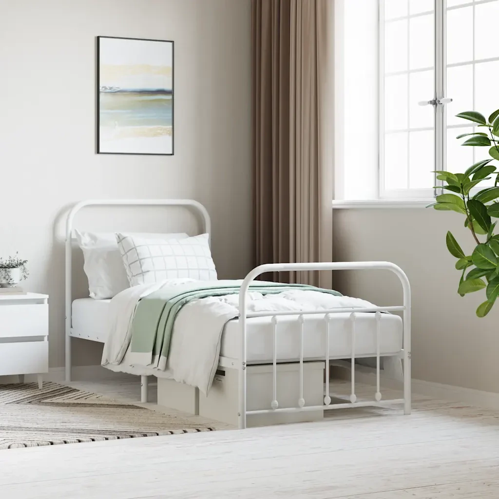 Letto singolo | Letto per adulti | Giroletto con Testiera e Pediera Metallo Bianco 90x190 cm - Image 2