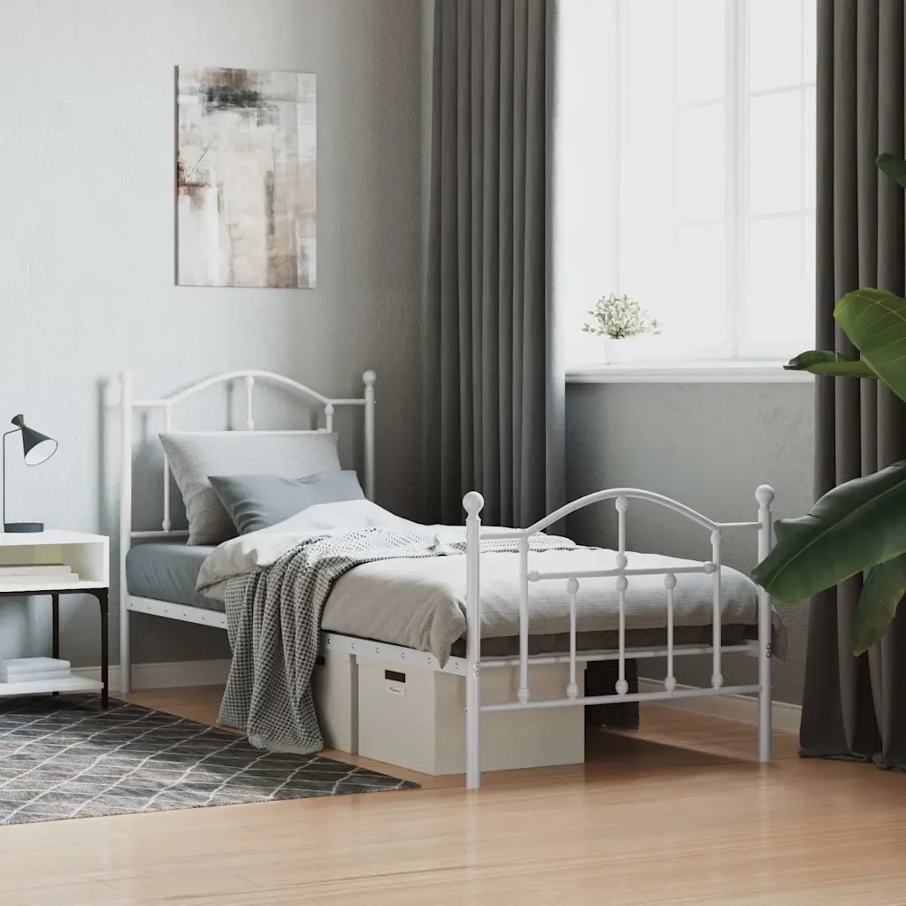 Letto singolo | Letto per adulti | Giroletto con Testiera e Pediera Metallo Bianco 90x190 cm - Image 2