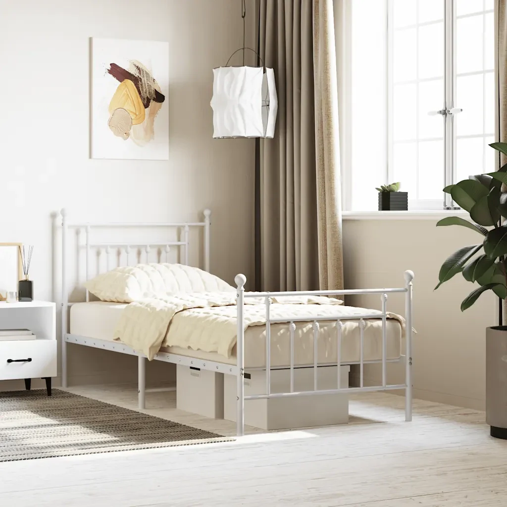 Letto singolo | Letto per adulti | Giroletto con Testiera e Pediera Metallo Bianco 90x190 cm - Image 2