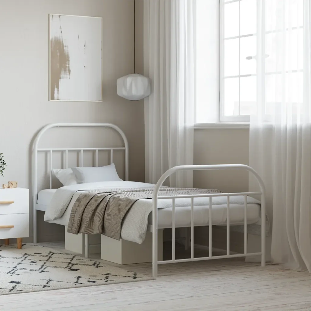 Letto singolo | Letto per adulti | Giroletto con Testiera e Pediera Metallo Bianco 90x190 cm - Image 2