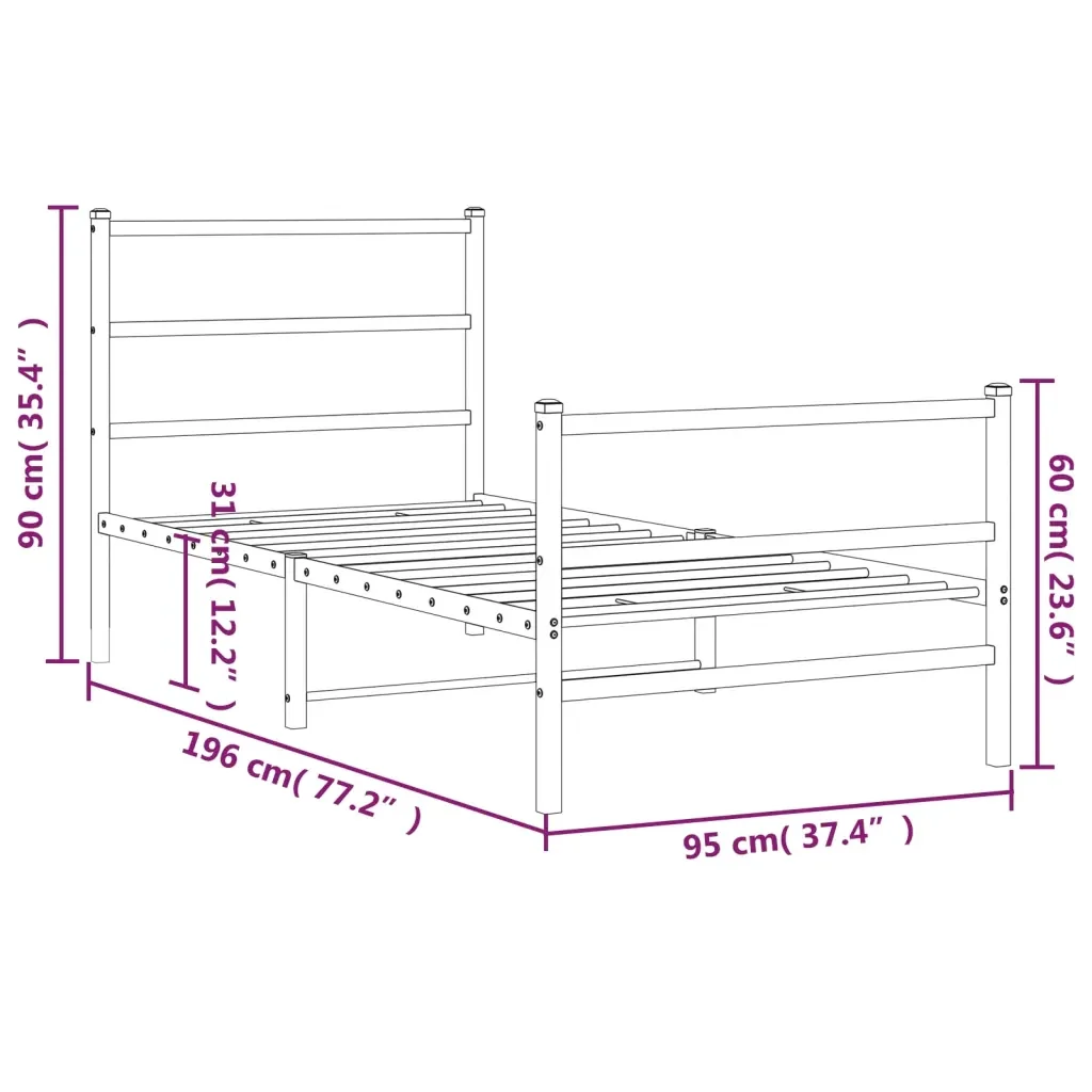 Letto singolo | Letto per adulti | Giroletto con Testiera e Pediera Metallo Bianco 90x190 cm - Image 10