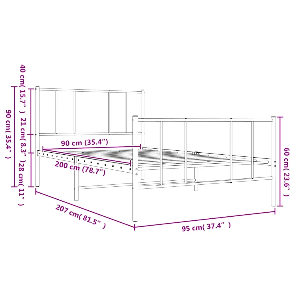 Letto singolo | Letto per adulti | Giroletto con Testiera e Pediera Metallo Bianco 90x200 cm - Image 10