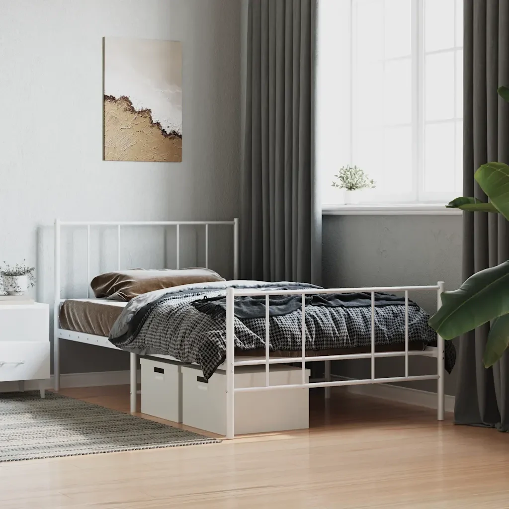 Letto singolo | Letto per adulti | Giroletto con Testiera e Pediera Metallo Bianco 90x200 cm - Image 2