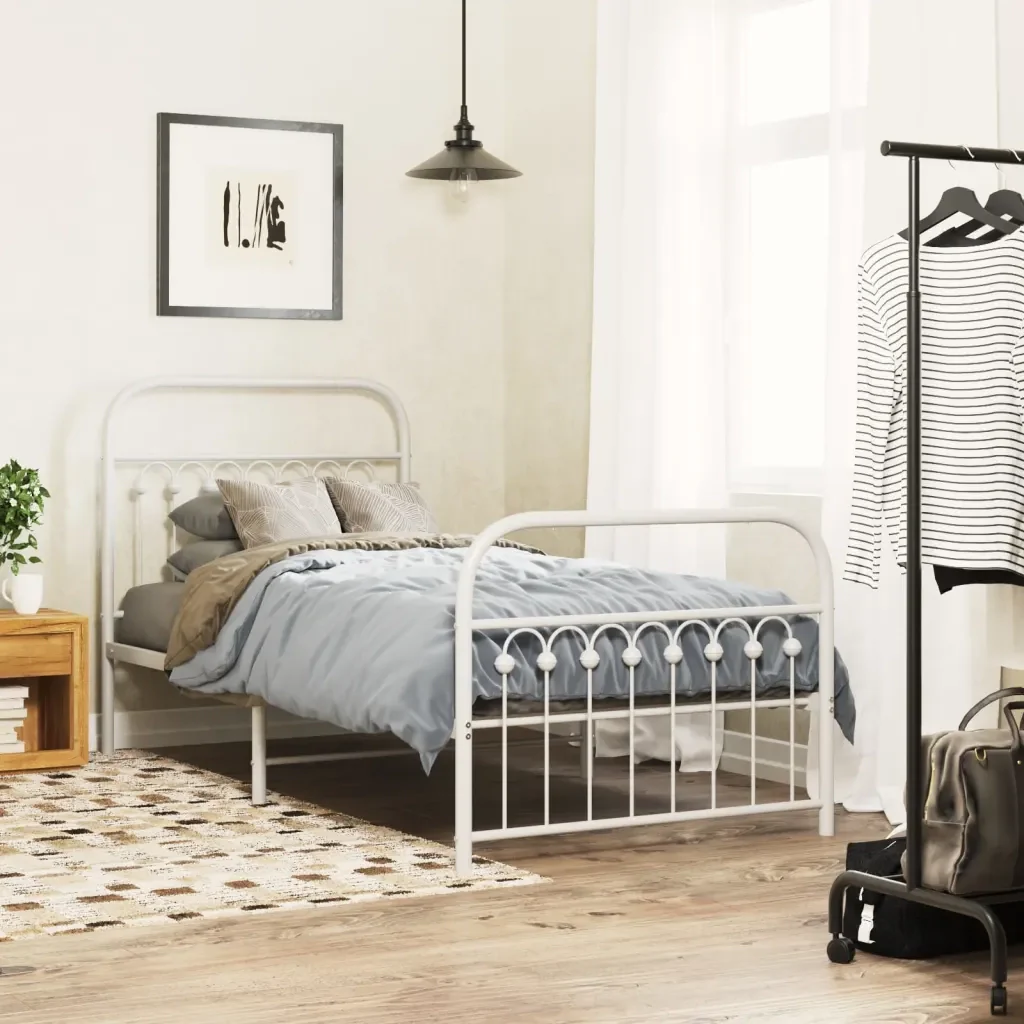 Letto singolo | Letto per adulti | Giroletto con Testiera e Pediera Metallo Bianco 90x200 cm - Image 2