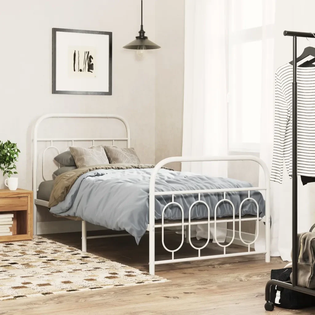 Letto singolo | Letto per adulti | Giroletto con Testiera e Pediera Metallo Bianco 90x200 cm - Image 2