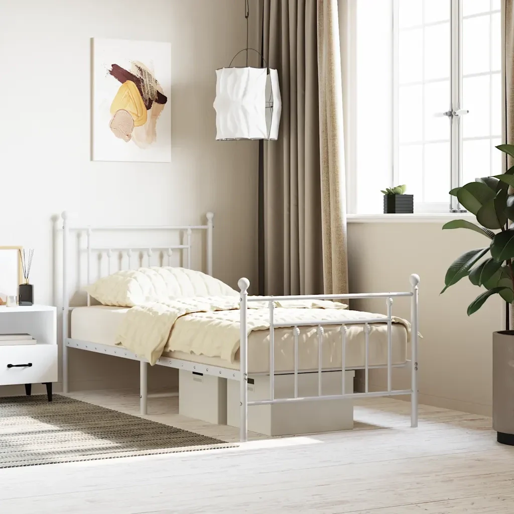 Letto singolo | Letto per adulti | Giroletto con Testiera e Pediera Metallo Bianco 90x200 cm - Image 2