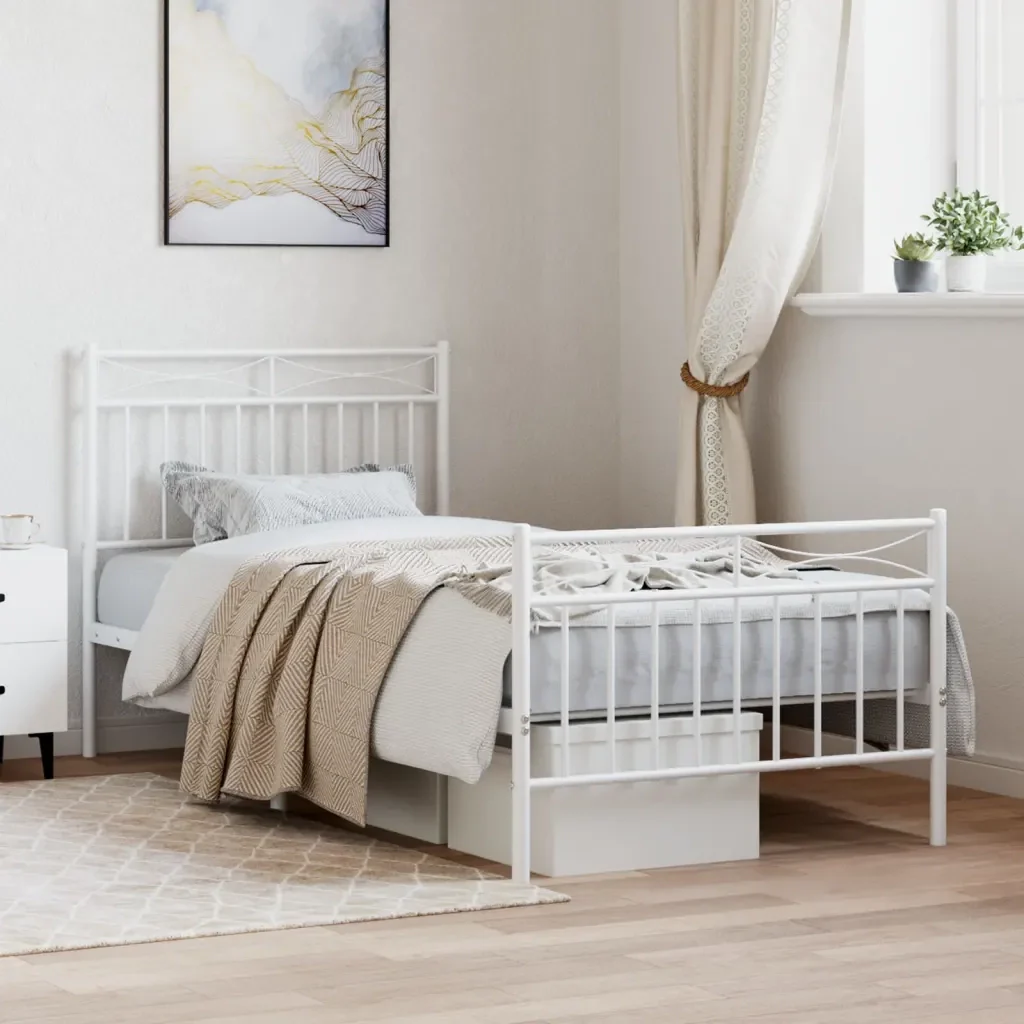 Letto singolo | Letto per adulti | Giroletto con Testiera e Pediera Metallo Bianco 90x200 cm - Image 2