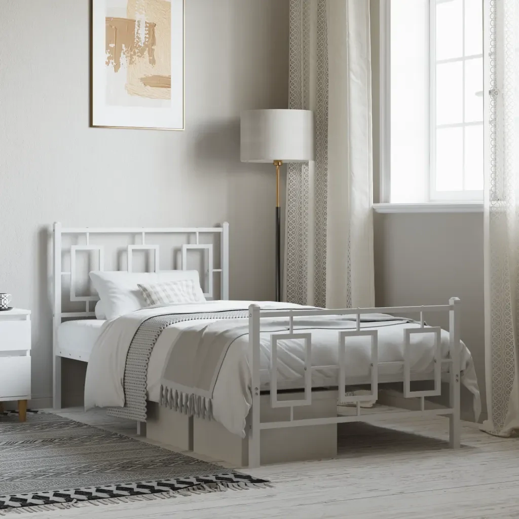 Letto singolo | Letto per adulti | Giroletto con Testiera e Pediera Metallo Bianco 90x200 cm - Image 2
