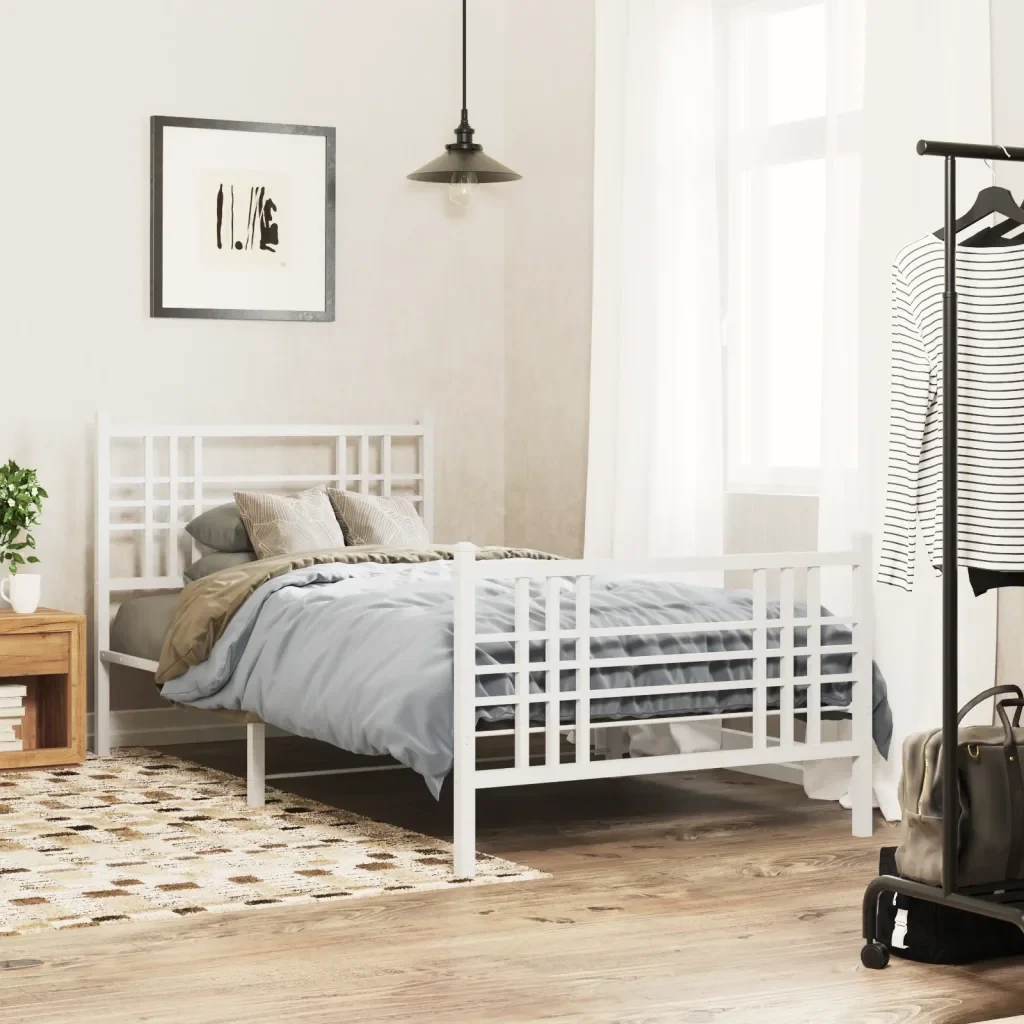 Letto singolo | Letto per adulti | Giroletto con Testiera e Pediera Metallo Bianco 90x200 cm - Image 2
