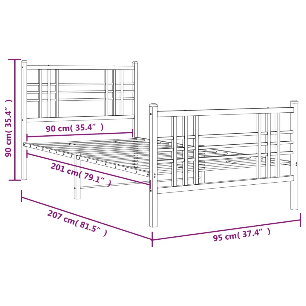 Letto singolo | Letto per adulti | Giroletto con Testiera e Pediera Metallo Bianco 90x200 cm - Image 8