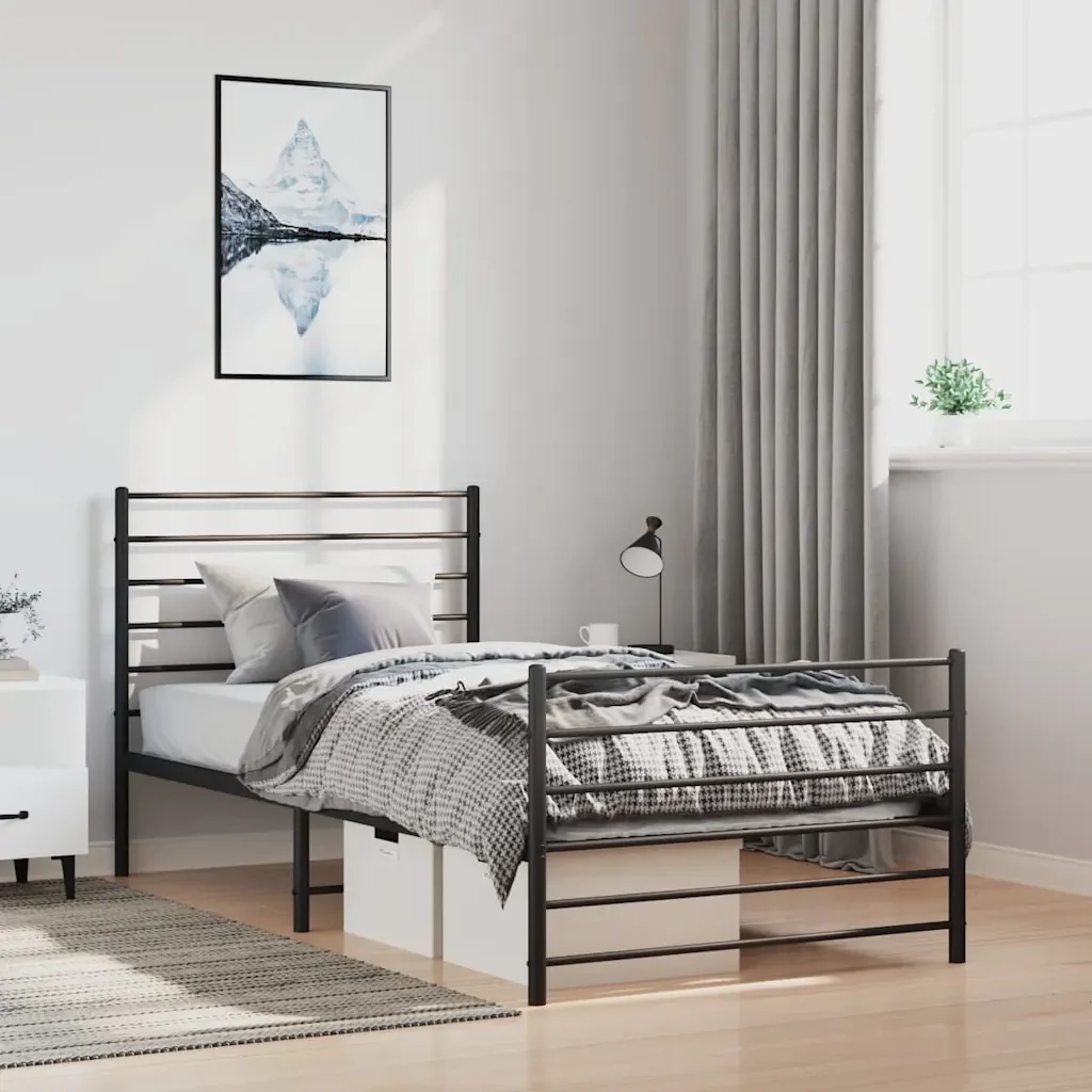 Letto singolo | Letto per adulti | Giroletto con Testiera e Pediera Metallo Nero 100x190 cm - Image 2