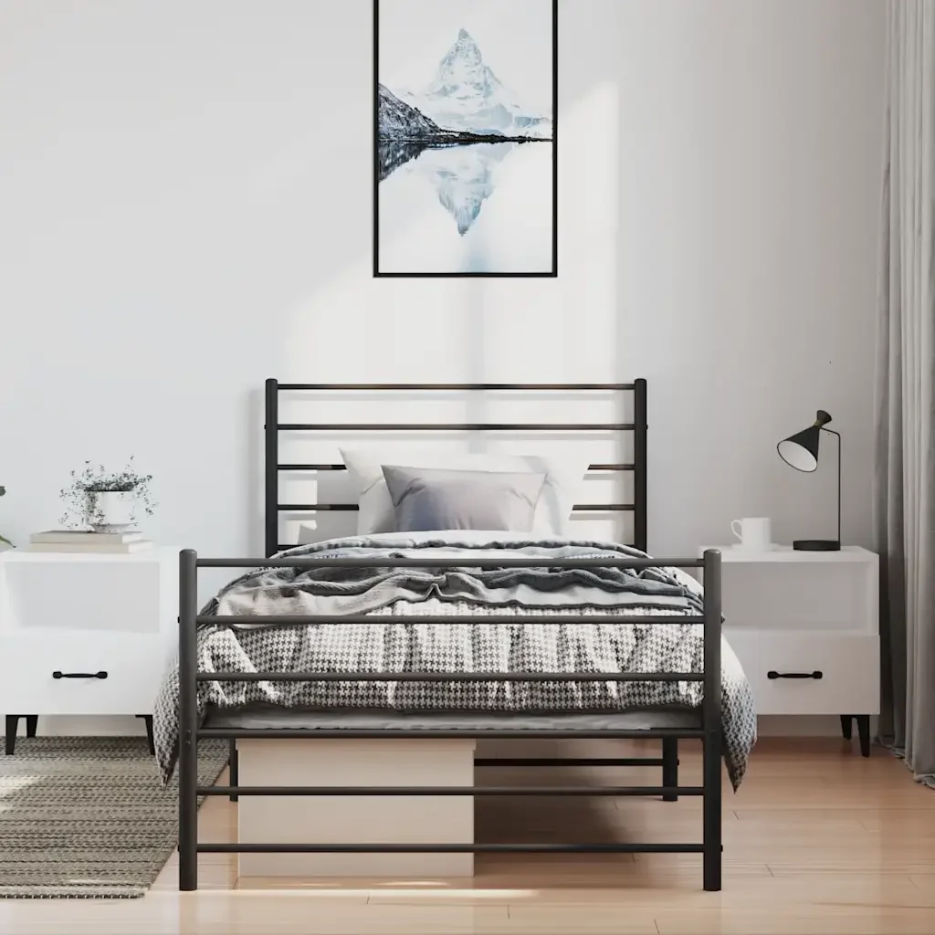 Letto singolo | Letto per adulti | Giroletto con Testiera e Pediera Metallo Nero 100x190 cm - Image 3