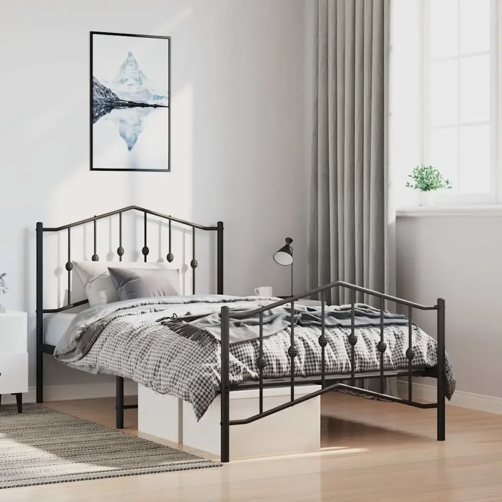 Letto singolo | Letto per adulti | Giroletto con Testiera e Pediera Metallo Nero 100x190 cm - Image 2