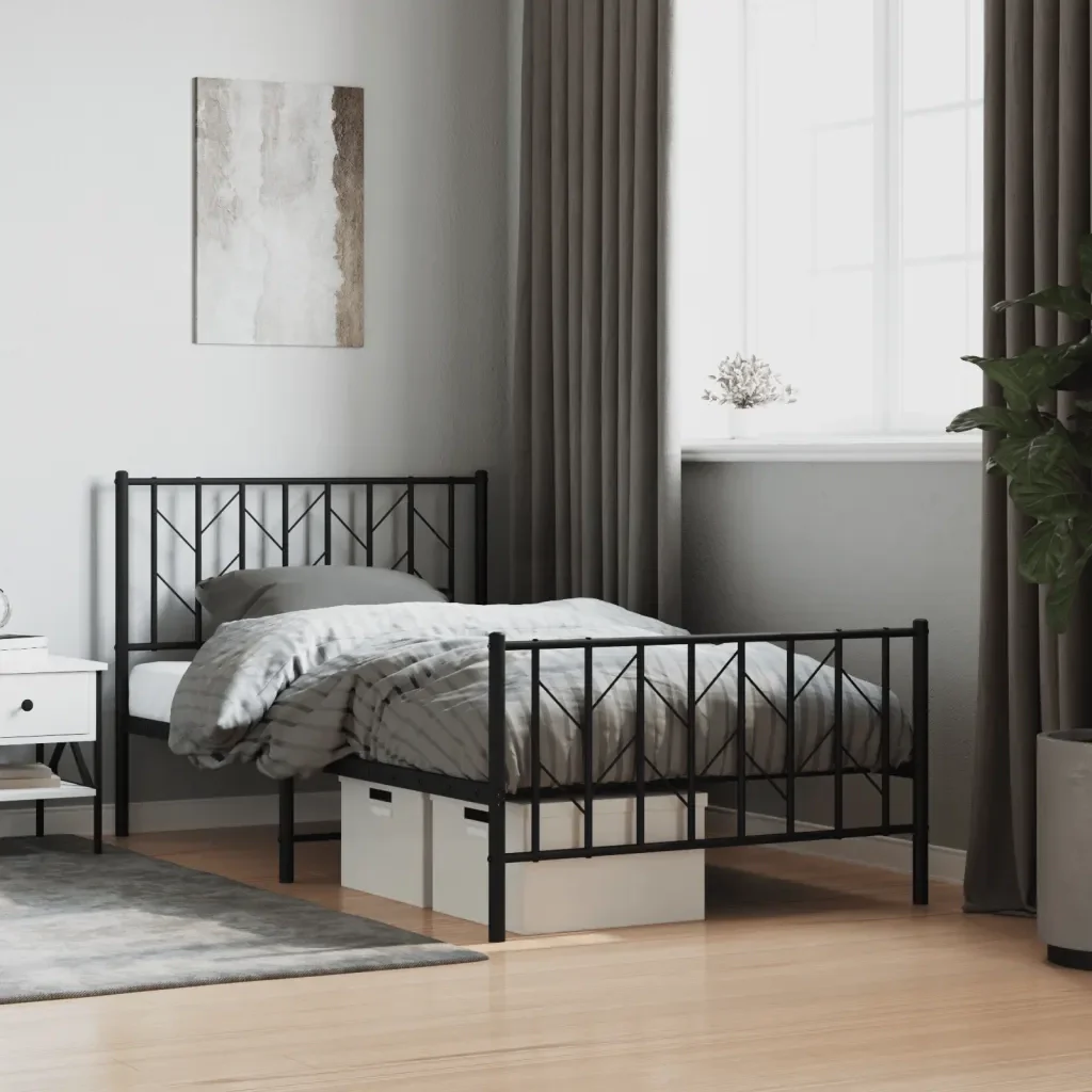 Letto singolo | Letto per adulti | Giroletto con Testiera e Pediera Metallo Nero 100x190 cm - Image 2