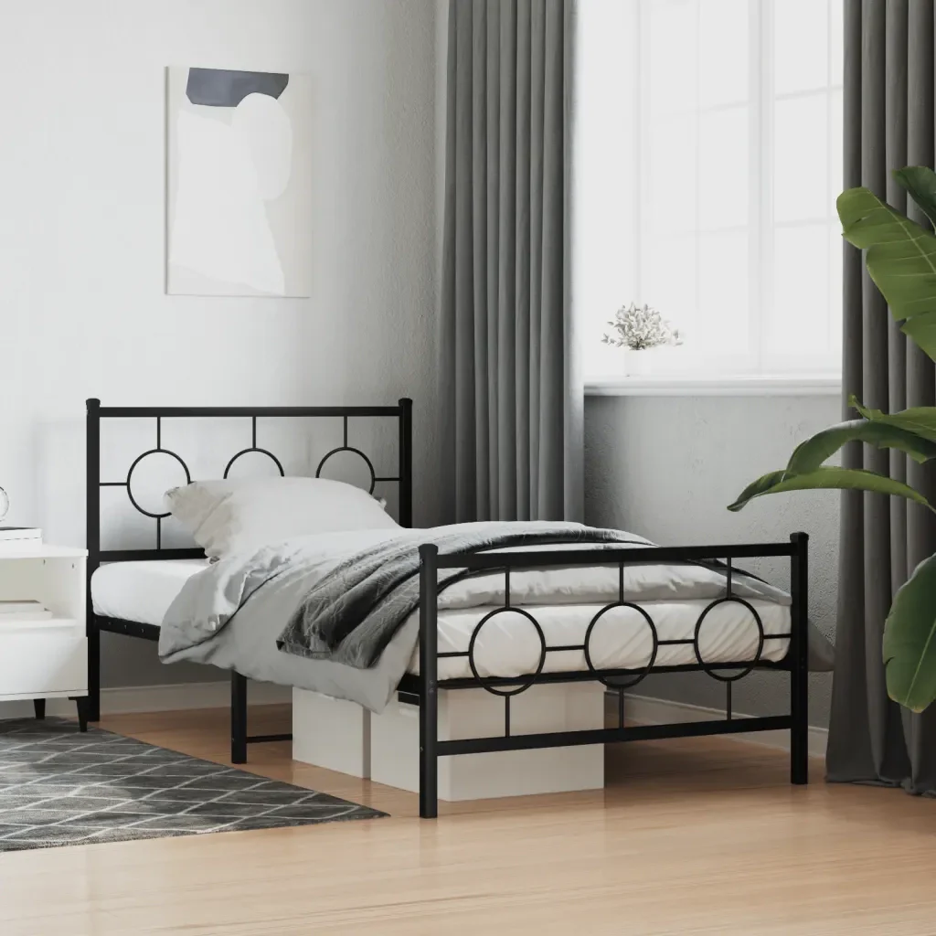 Letto singolo | Letto per adulti | Giroletto con Testiera e Pediera Metallo Nero 100x190 cm - Image 2