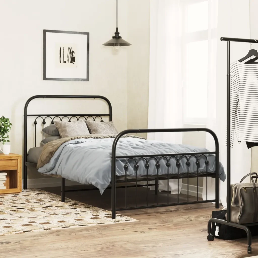 Letto singolo | Letto per adulti | Giroletto con Testiera e Pediera Metallo Nero 100x190 cm - Image 2
