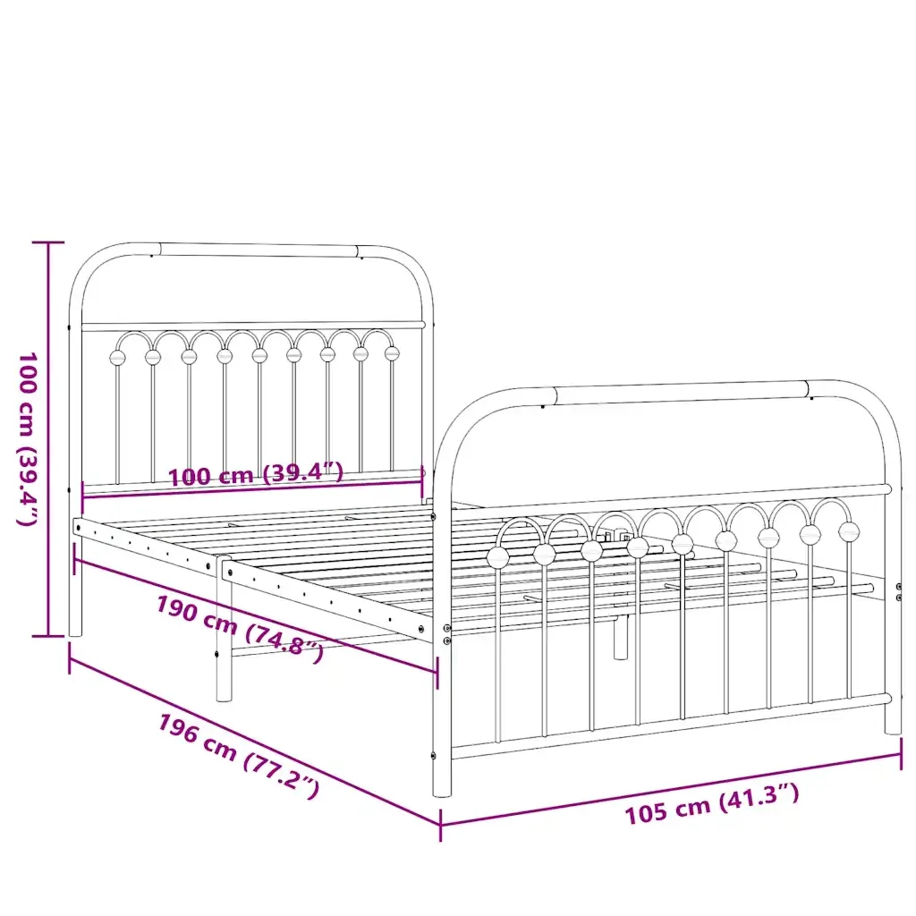 Letto singolo | Letto per adulti | Giroletto con Testiera e Pediera Metallo Nero 100x190 cm - Image 8