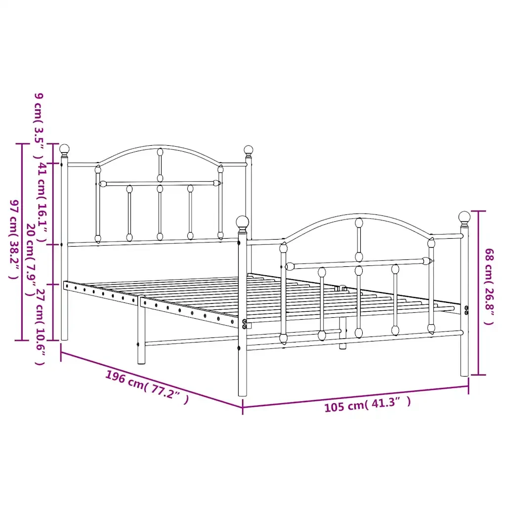 Letto singolo | Letto per adulti | Giroletto con Testiera e Pediera Metallo Nero 100x190 cm - Image 10
