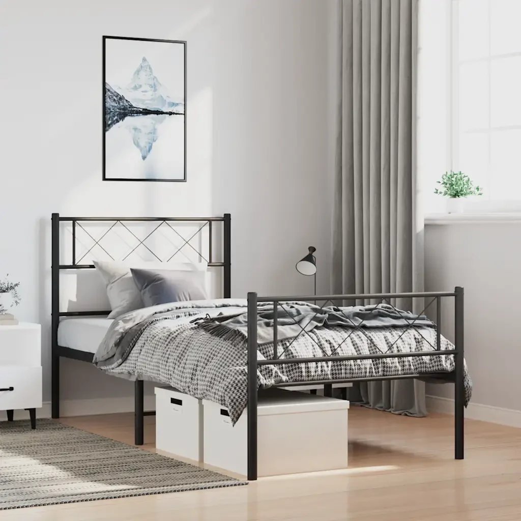 Letto singolo | Letto per adulti | Giroletto con Testiera e Pediera Metallo Nero 100x190 cm - Image 2