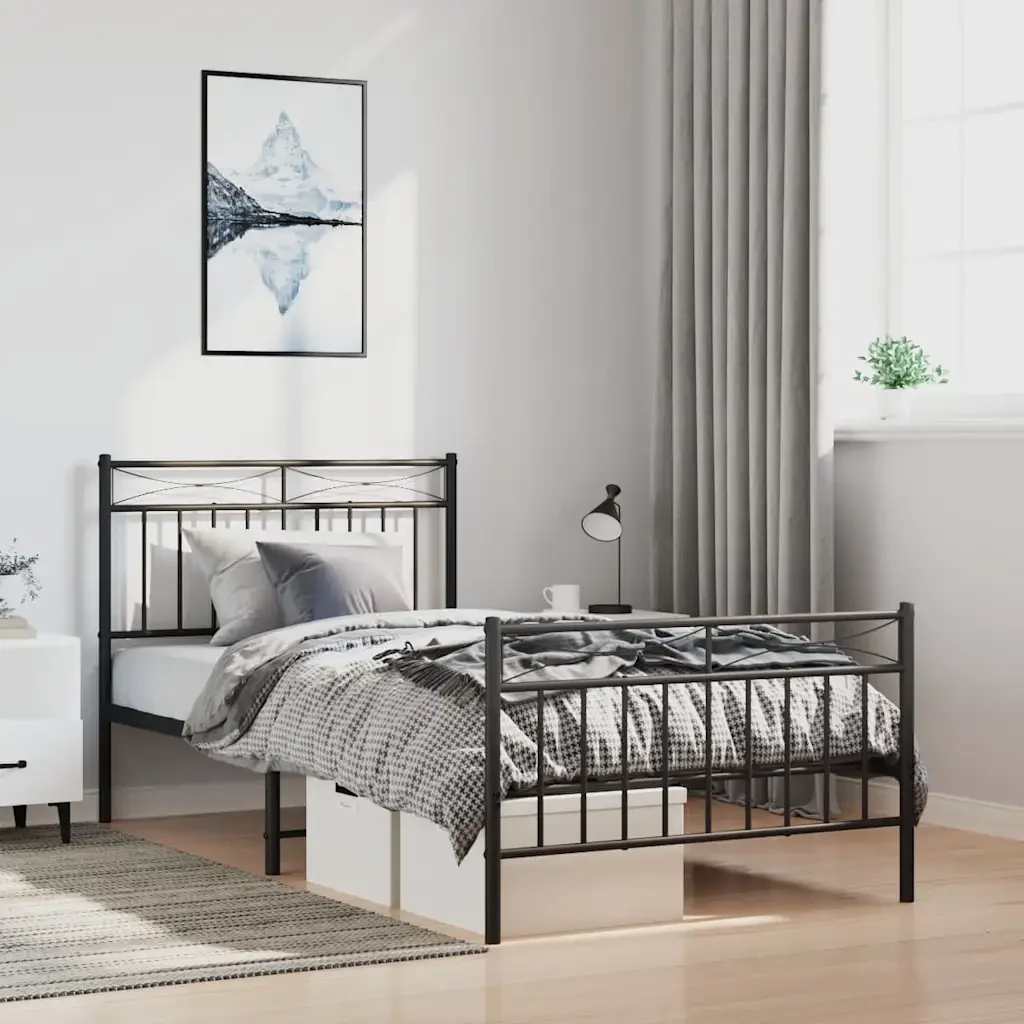 Letto singolo | Letto per adulti | Giroletto con Testiera e Pediera Metallo Nero 100x190 cm - Image 2