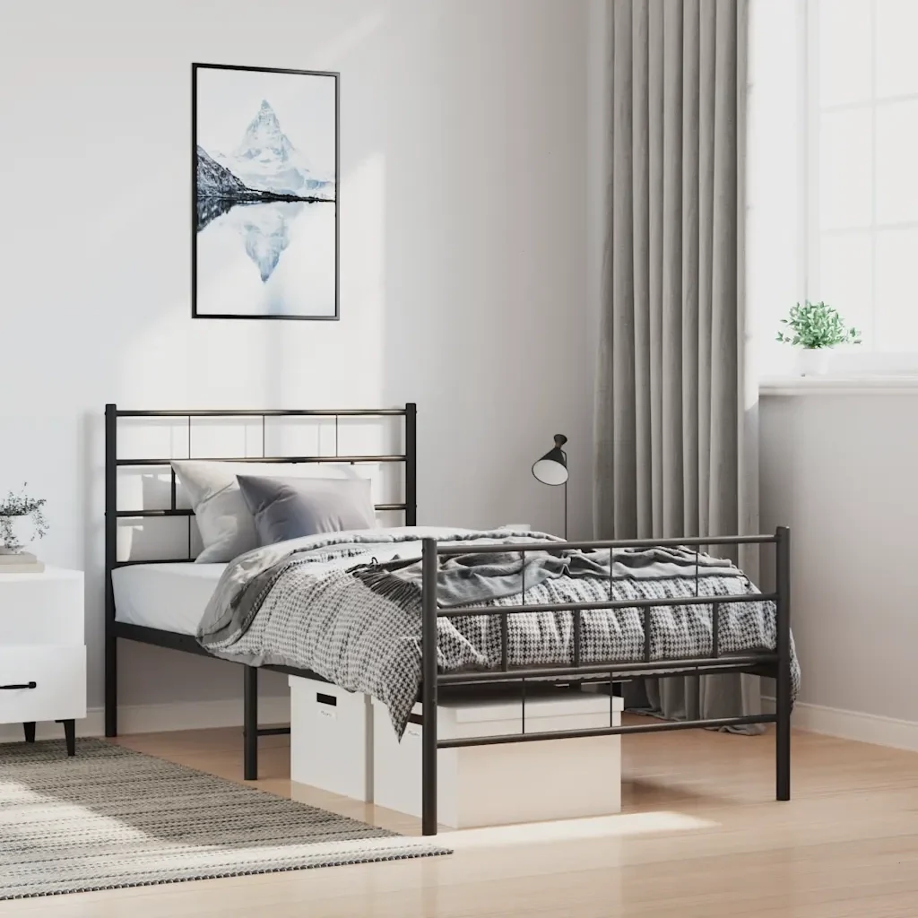 Letto singolo | Letto per adulti | Giroletto con Testiera e Pediera Metallo Nero 100x200 cm - Image 2