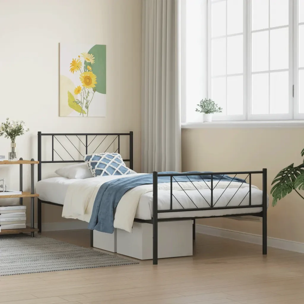 Letto singolo | Letto per adulti | Giroletto con Testiera e Pediera Metallo Nero 100x200 cm - Image 2