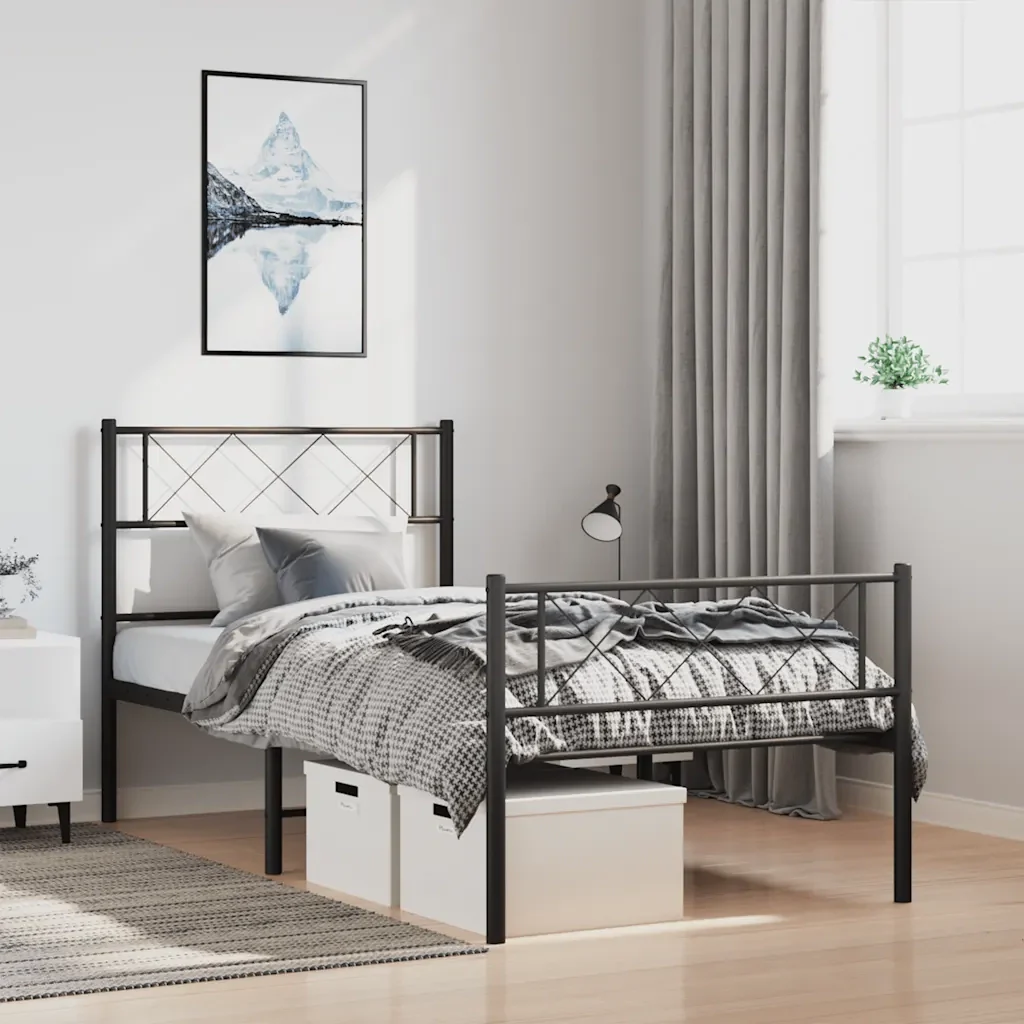 Letto singolo | Letto per adulti | Giroletto con Testiera e Pediera Metallo Nero 100x200 cm - Image 2