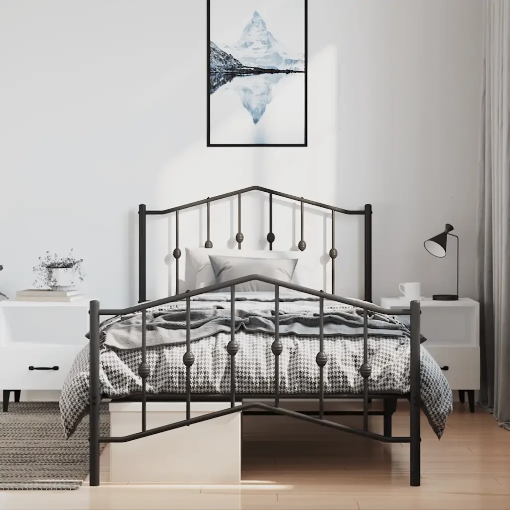 Letto singolo | Letto per adulti | Giroletto con Testiera e Pediera Metallo Nero 100x200 cm - Image 3