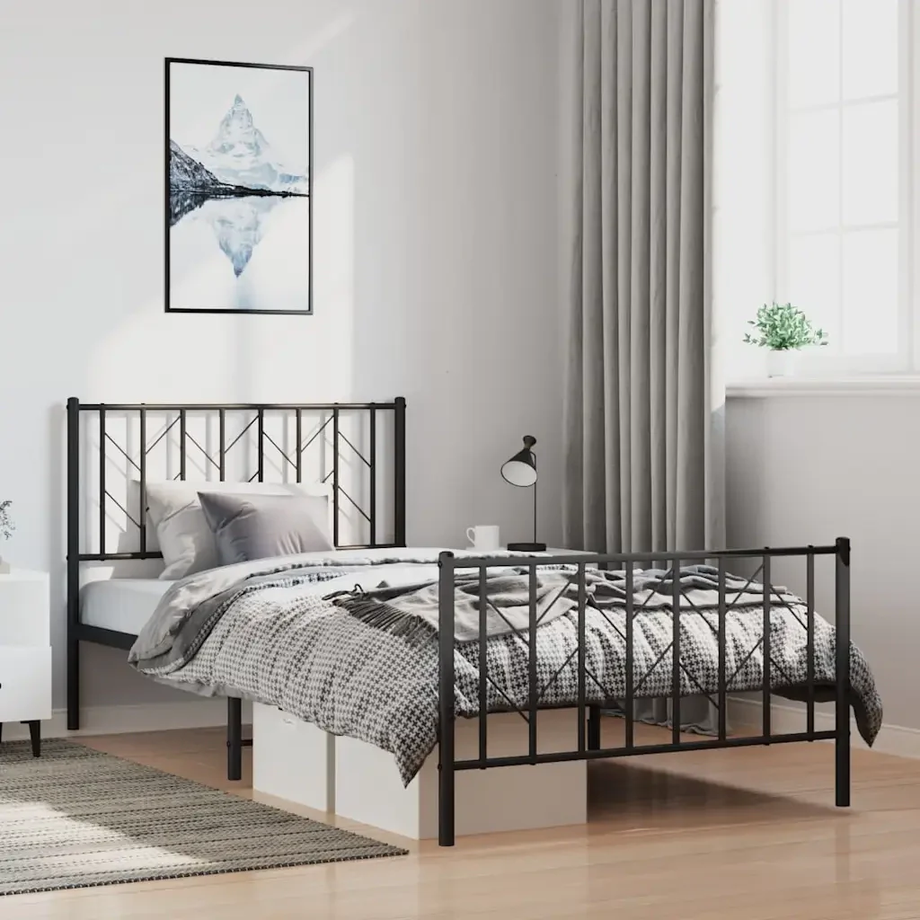 Letto singolo | Letto per adulti | Giroletto con Testiera e Pediera Metallo Nero 100x200 cm - Image 2
