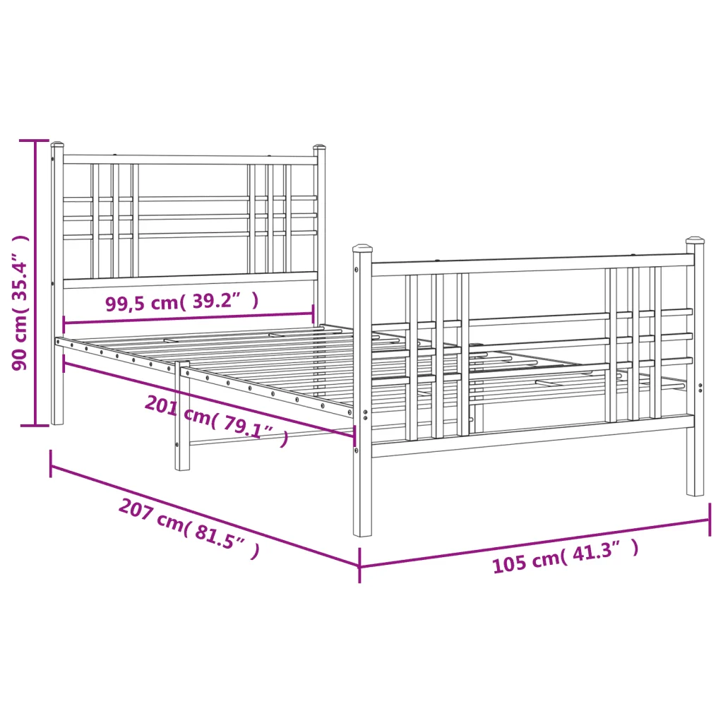 Letto singolo | Letto per adulti | Giroletto con Testiera e Pediera Metallo Nero 100x200 cm - Image 8