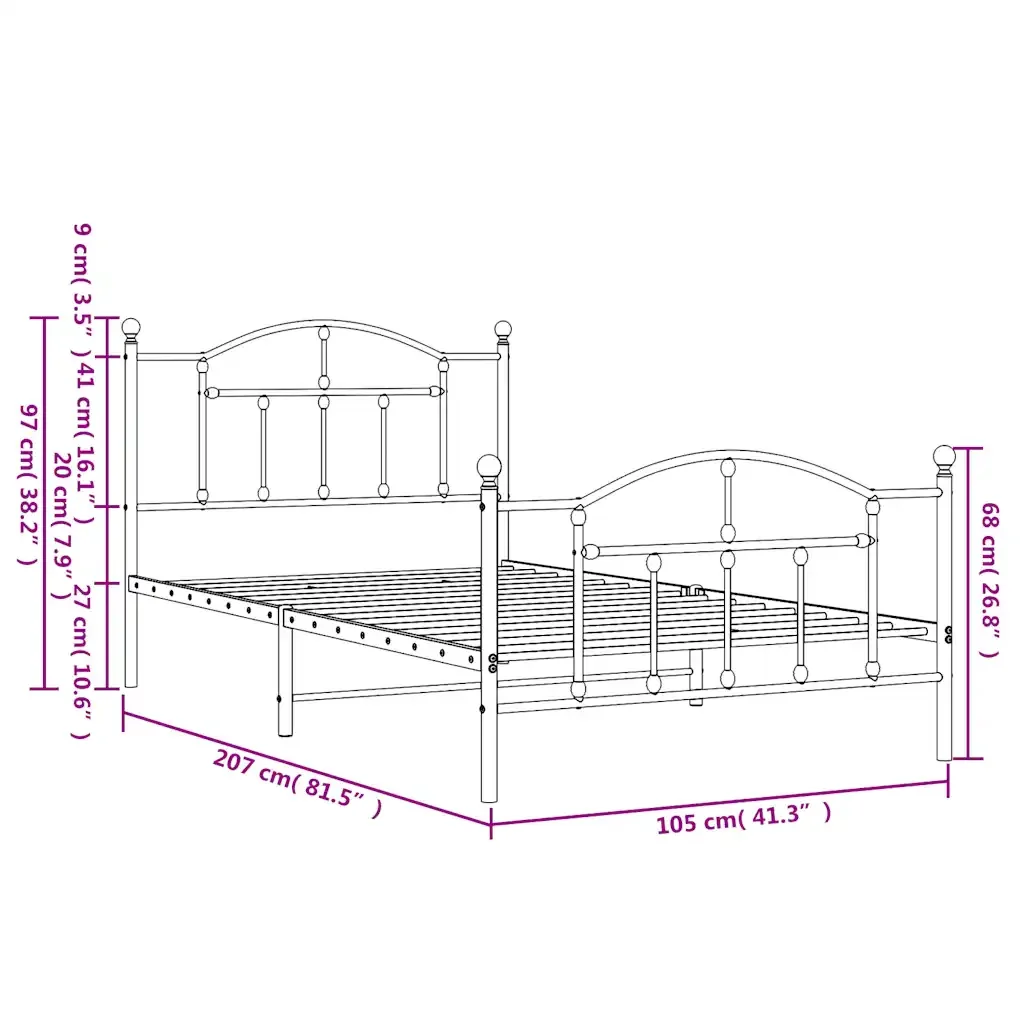 Letto singolo | Letto per adulti | Giroletto con Testiera e Pediera Metallo Nero 100x200 cm - Image 10