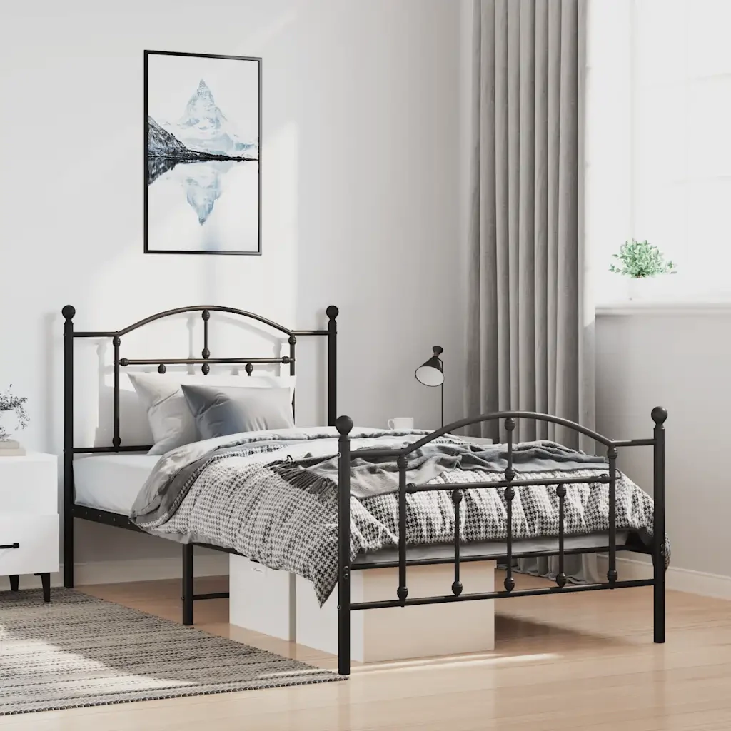 Letto singolo | Letto per adulti | Giroletto con Testiera e Pediera Metallo Nero 100x200 cm - Image 2