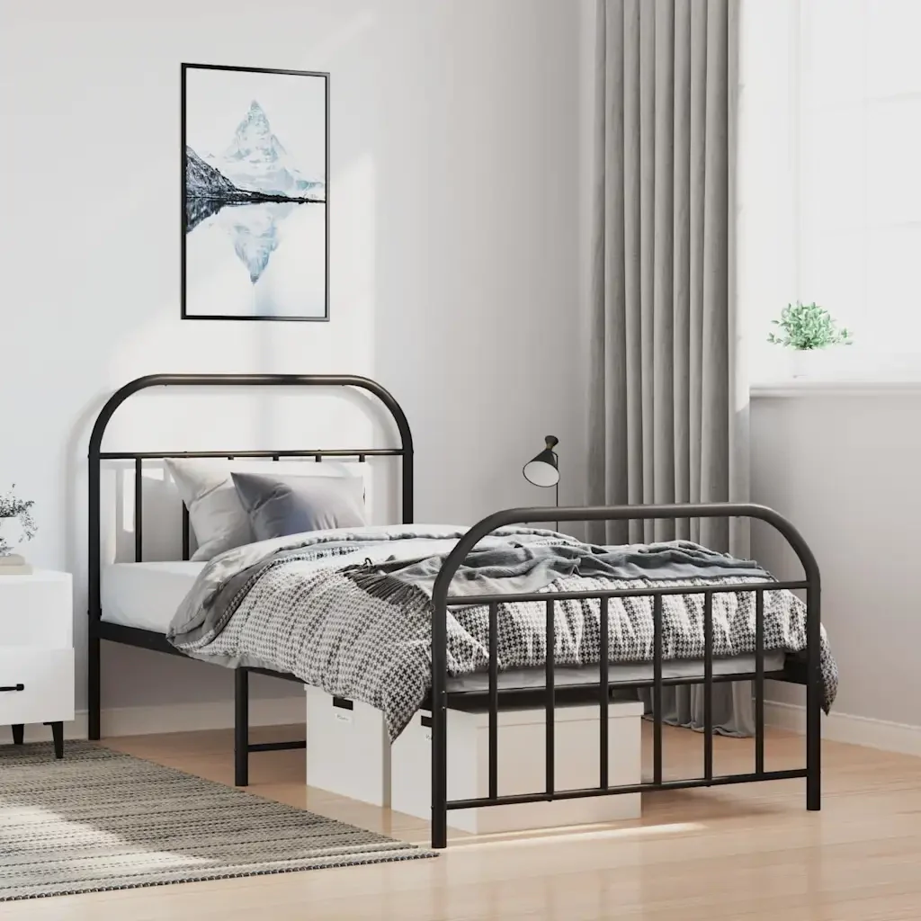 Letto singolo | Letto per adulti | Giroletto con Testiera e Pediera Metallo Nero 100x200 cm - Image 2