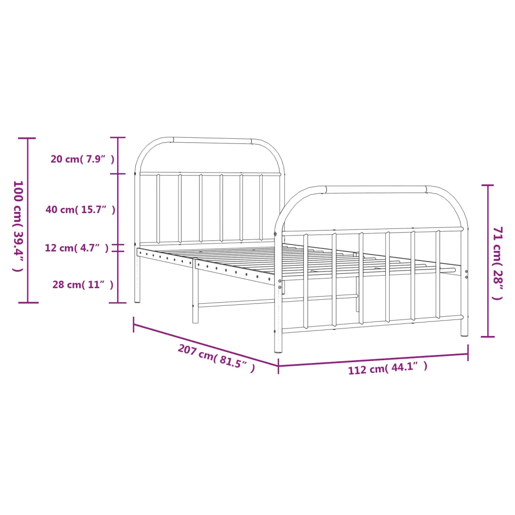 Letto singolo | Letto per adulti | Giroletto con Testiera e Pediera Metallo Nero 107x203 cm - Image 10
