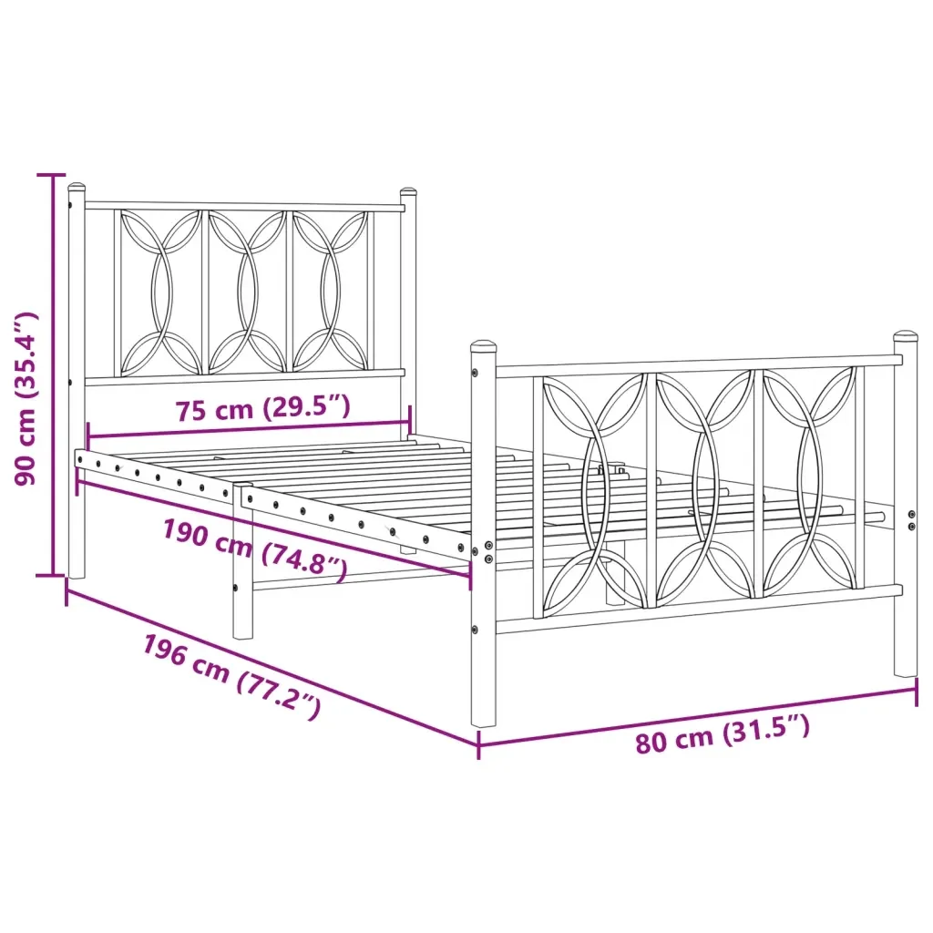 Letto singolo | Letto per adulti | Giroletto con Testiera e Pediera Metallo Nero 75x190 cm - Image 8