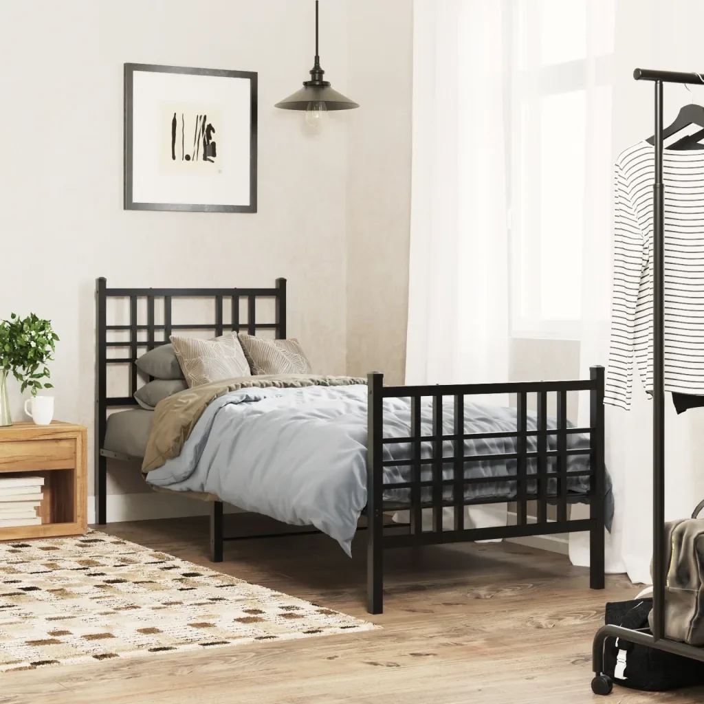 Letto singolo | Letto per adulti | Giroletto con Testiera e Pediera Metallo Nero 75x190 cm - Image 2
