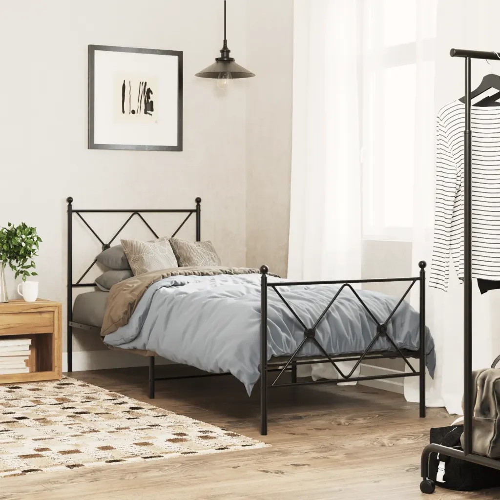 Letto singolo | Letto per adulti | Giroletto con Testiera e Pediera Metallo Nero 75x190 cm - Image 2