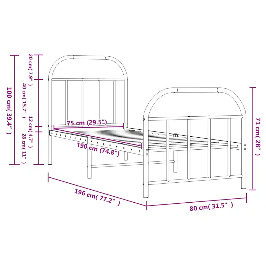 Letto singolo | Letto per adulti | Giroletto con Testiera e Pediera Metallo Nero 75x190 cm - Image 10