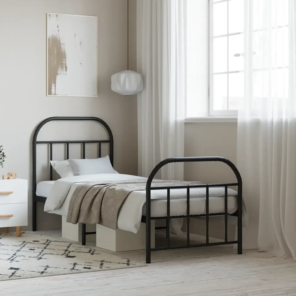 Letto singolo | Letto per adulti | Giroletto con Testiera e Pediera Metallo Nero 75x190 cm - Image 2