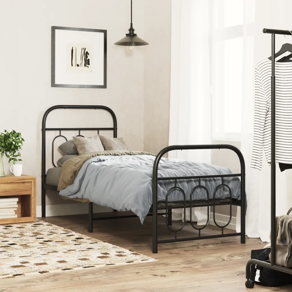 Letto singolo | Letto per adulti | Giroletto con Testiera e Pediera Metallo Nero 75x190 cm - Image 2