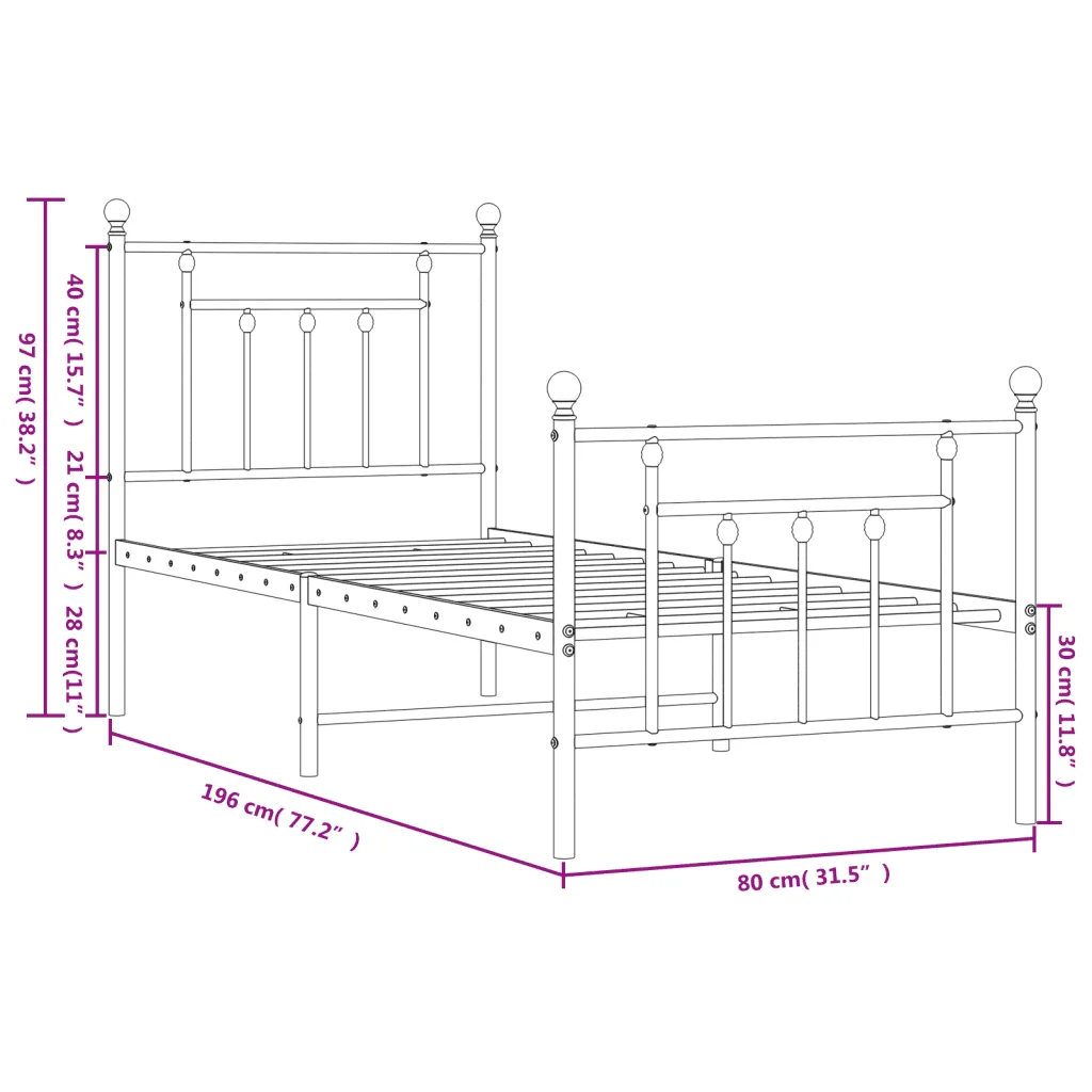 Letto singolo | Letto per adulti | Giroletto con Testiera e Pediera Metallo Nero 75x190 cm - Image 10
