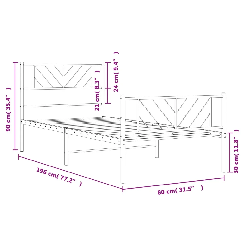 Letto singolo | Letto per adulti | Giroletto con Testiera e Pediera Metallo Nero 75x190 cm - Image 9