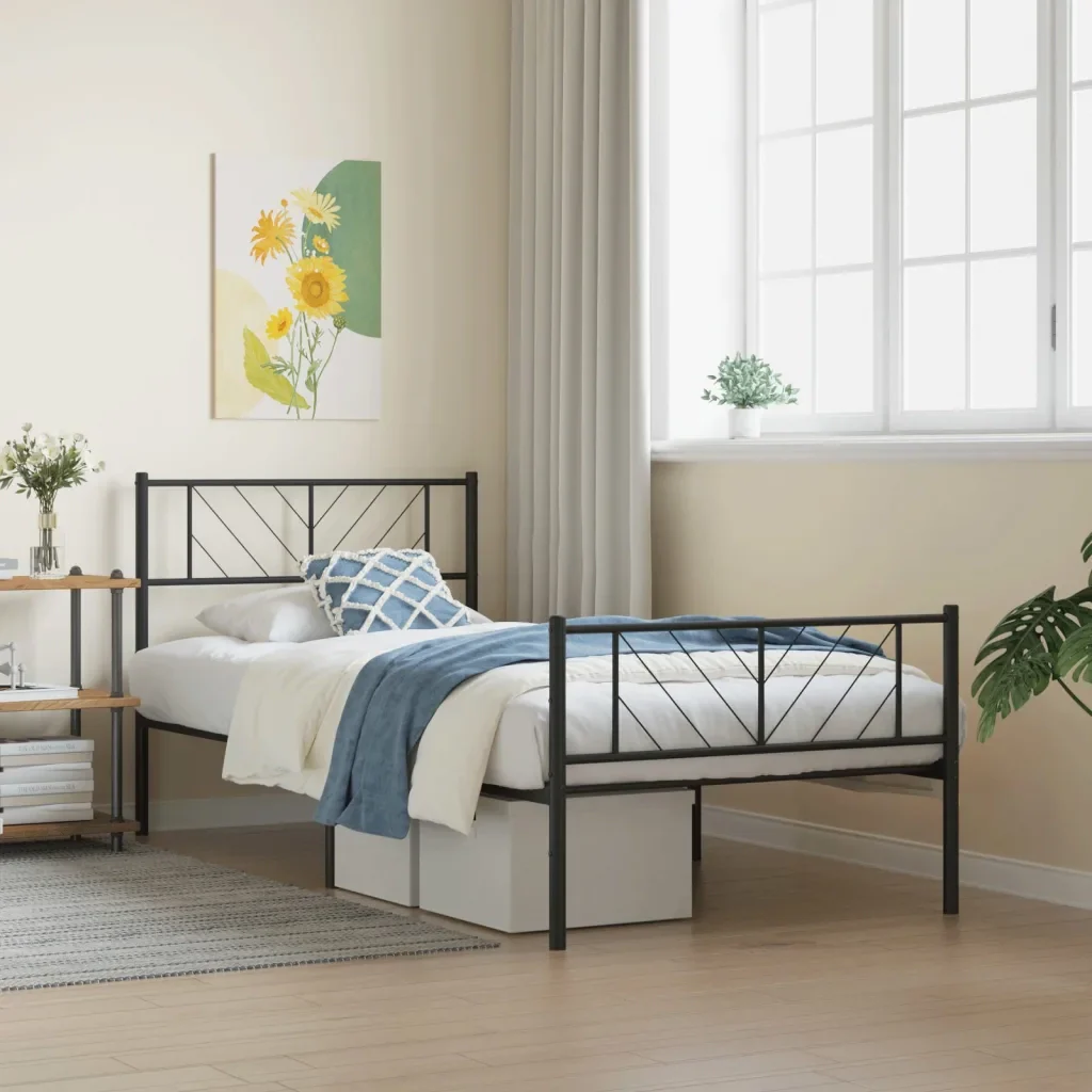 Letto singolo | Letto per adulti | Giroletto con Testiera e Pediera Metallo Nero 80x200 cm - Image 2