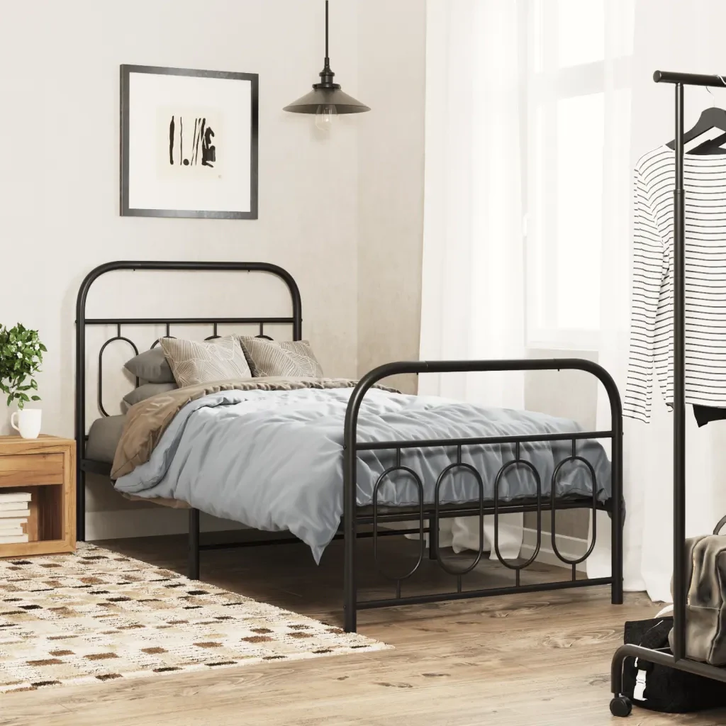 Letto singolo | Letto per adulti | Giroletto con Testiera e Pediera Metallo Nero 80x200 cm - Image 2