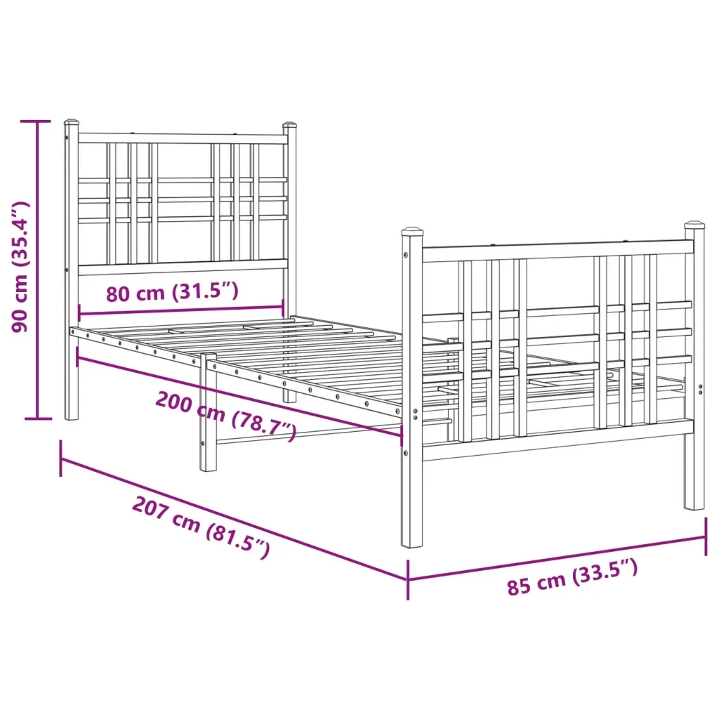 Letto singolo | Letto per adulti | Giroletto con Testiera e Pediera Metallo Nero 80x200 cm - Image 8