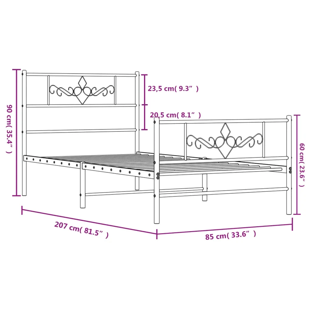 Letto singolo | Letto per adulti | Giroletto con Testiera e Pediera Metallo Nero 80x200 cm - Image 9