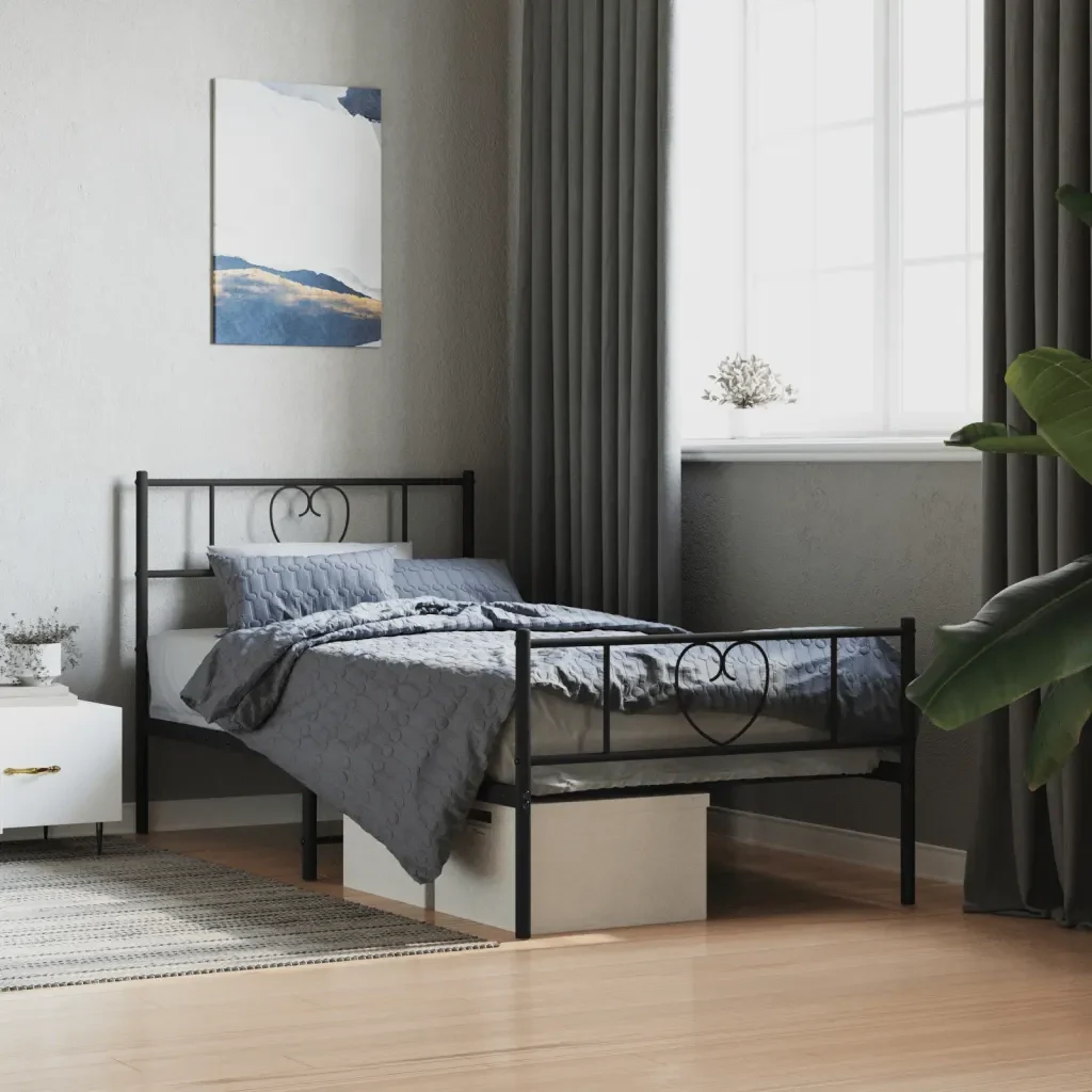 Letto singolo | Letto per adulti | Giroletto con Testiera e Pediera Metallo Nero 90x190 cm - Image 2