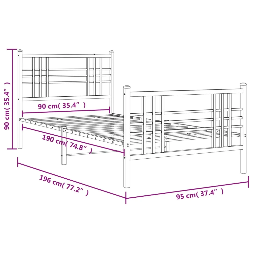 Letto singolo | Letto per adulti | Giroletto con Testiera e Pediera Metallo Nero 90x190 cm - Image 8