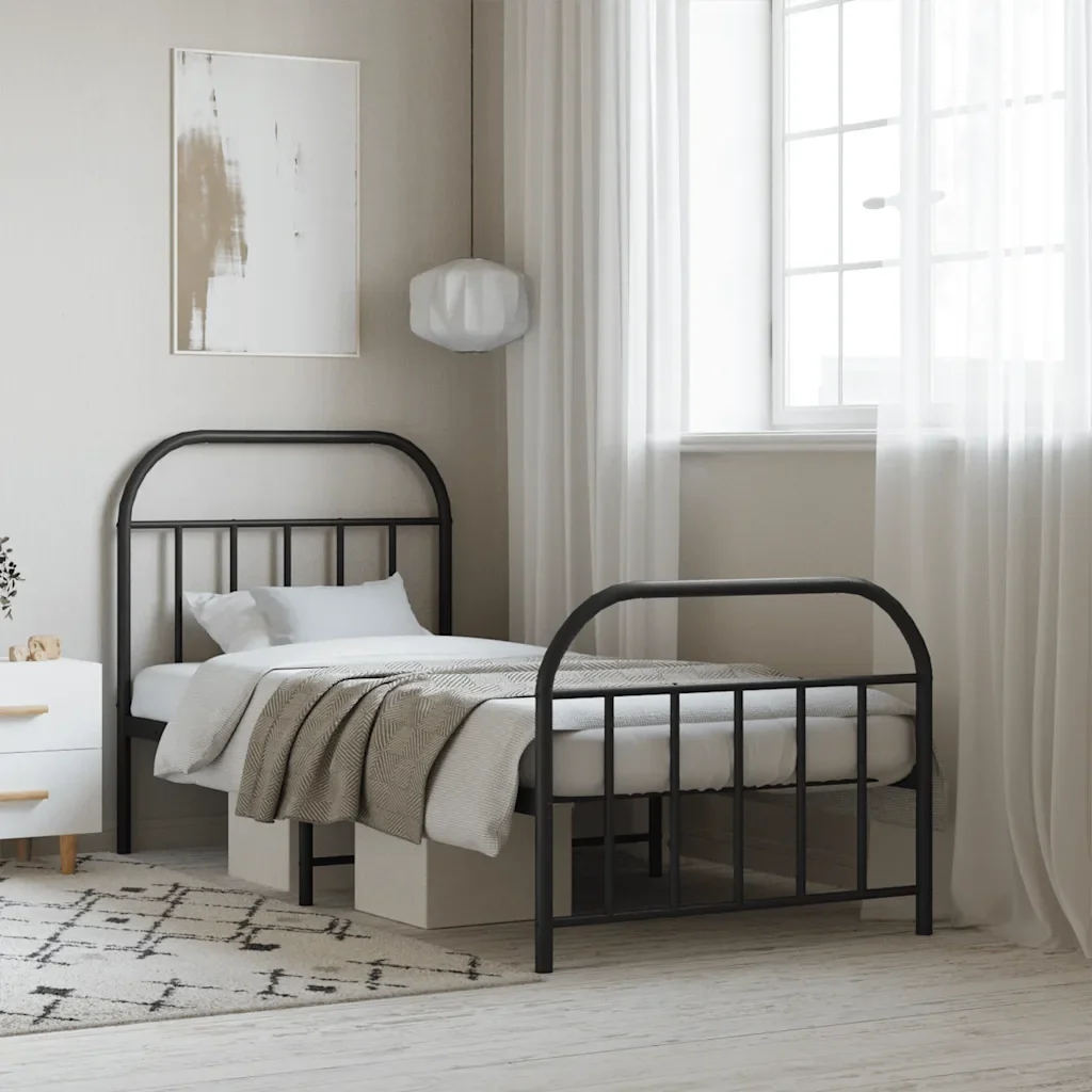 Letto singolo | Letto per adulti | Giroletto con Testiera e Pediera Metallo Nero 90x190 cm - Image 2