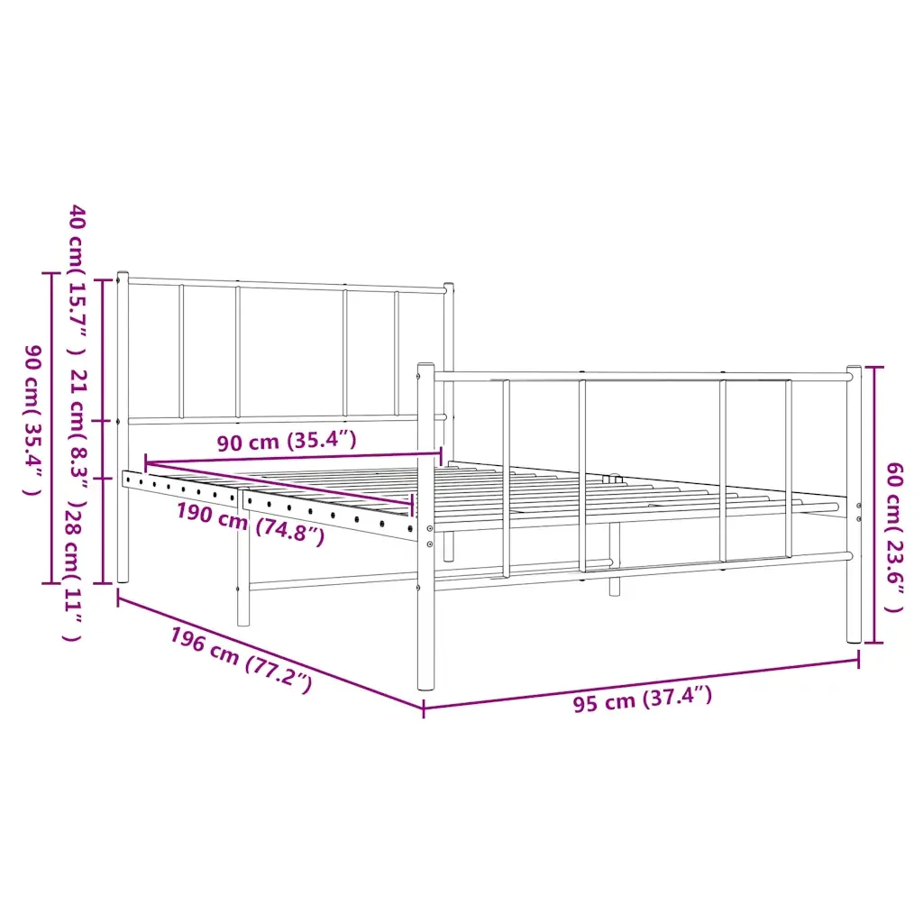 Letto singolo | Letto per adulti | Giroletto con Testiera e Pediera Metallo Nero 90x190 cm - Image 10